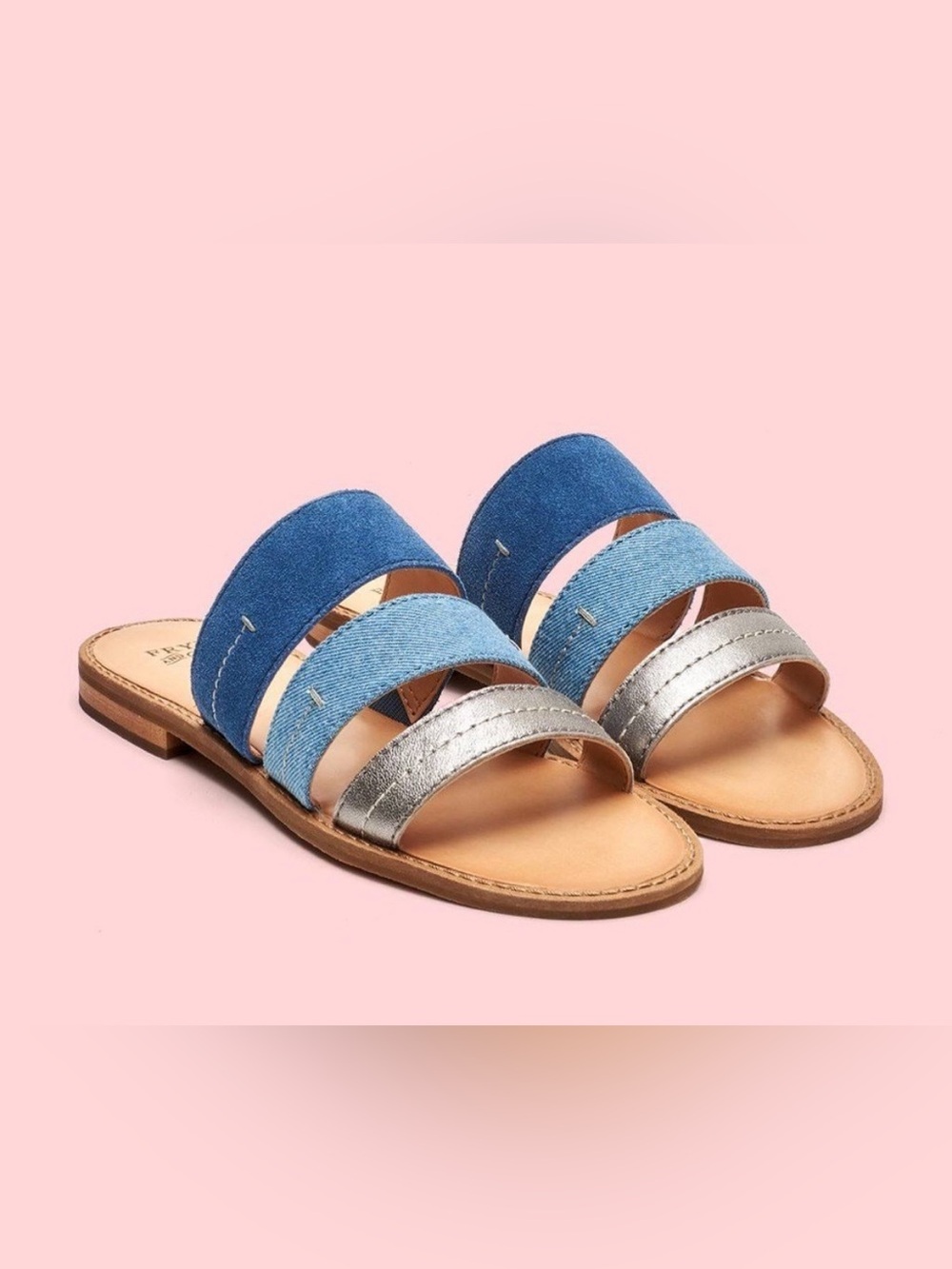 FRYE AND CO. Blue Denim and Silver Triple-Strap Slide Sandals - Women